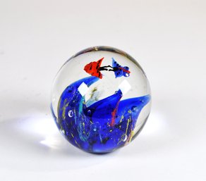 Vintage Art Glass Paperweight - Kissing Butterflies Inclusions & Blue Swirl Design