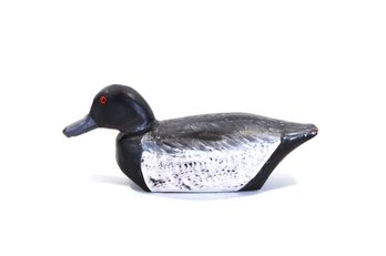 Vintage Wooden Duck Decoy With Red Glass Eyes - Signed