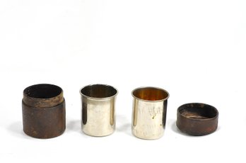 Antique WWI Era Leather-Cased Pair Of Silver-Plated Travel Cups