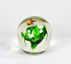 Vintage Art Glass Paperweight W/ Bee Inclusions & Green Swirl Floral Core