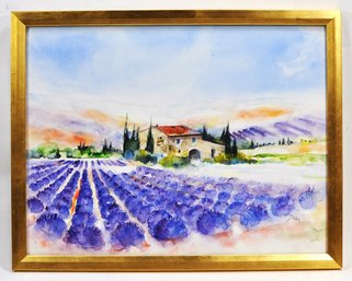 Jean ( 20th Century, French) Provenal Landscape Lavender Field Watercolor