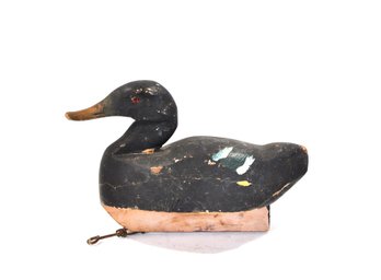 Vintage Hand-Carved Wooden Duck Decoy With Wooden Keel & Iron Line Tie