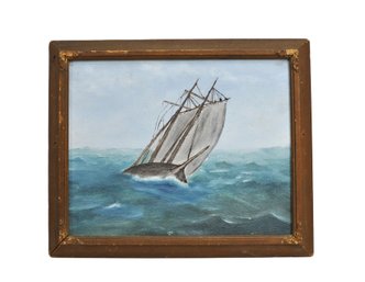 Small Vintage Folk Art Sailing Ship Oil Painting