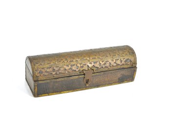 Antique  Brass-Mounted Wooden Pen Or Trinket Box