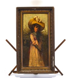 Antique 19th-Century Oil Painting Of A Young Girl In Bonnet