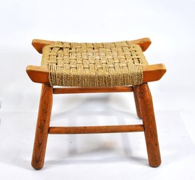 Small Vintage Handcrafted Wooden Stool With Woven Rope Seat