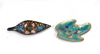 Pair Vintage Mid-Century Modern Enameled Copper Dishes & Candle Holder
