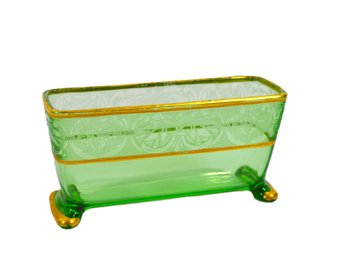 Vintage Green Etched Glass Footed Vase With Gold Trim