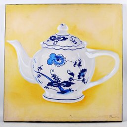 'Blue Danube' Still Life Teapot Painting On Yellow- Signed