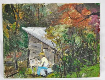 Vintage Impressionist Landscape Oil Painting Of Artist At Rustic Cabin