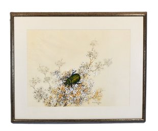 A. V. Rosati 1976, Beetle & Wildflower Mixed Media Drawing
