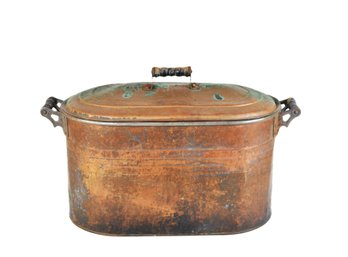 Antique Large Copper & Tin Boiler Wash Tub Wood Handles Primitive Canner