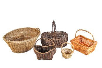 Group Of 5 Vintage Woven Baskets  Mixed Sizes & Styles