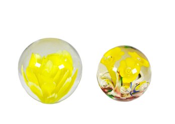 Pair Of Vintage Art Glass Paperweights  Yellow Floral Designs