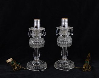 Pair Of Vintage Cut Glass Crystal Boudoir Lamps With Prisms