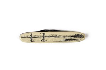 Vintage Scrimshaw-Style BARLOW Engraved Golf Scene Pocket Knife