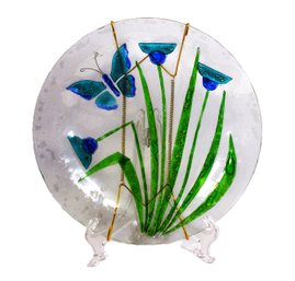 Vintage Artisan Fused Glass Plate  Butterfly And Bluebell Design