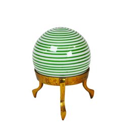 Vintage Green & White Spiral Art Glass Sphere On Brass Tripod Stand