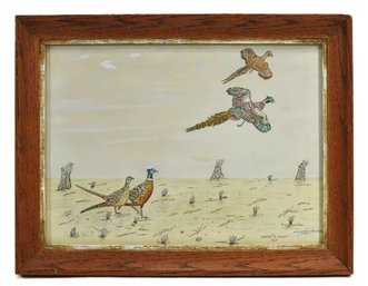 Andre S. Janet (20th Century) Pheasants In Flight Watercolor & Ink