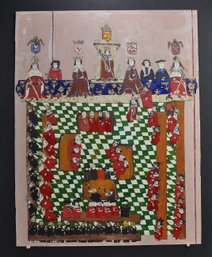 Vintage Folk Art Medieval Court Scene Illuminated Manuscript Style Painting