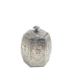 Antique Silver Repousse Hexagonal Tea Caddy / Trinket Box