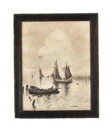Antique 19th C. Maritime Watercolor Of Sailboats On Calm Waters In Original Frame