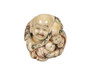 Antique Japanese 1910 Meiji Polychromate Carved Figure Of Hotei With Children