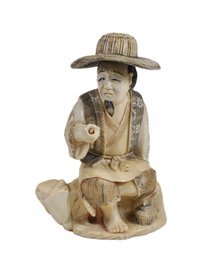 Antique Asian Carved Okimono Fisherman Figurine- Signed