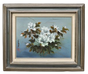 Signed Asian Floral Still Life Oil Painting On Canvas – White Blossoms In Silver Frame