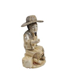 Antique Asian Carved Okimono Fisherman Figurine- Signed