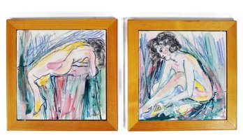 Pair Mid-Century Art Tile Paintings Of Nude Female Figure, Signed