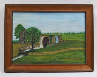 Vintage Folk Art Watermill Landscape Oil Painting , 1962