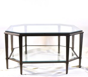 Modern Octagonal Metal And Faceted Glass Coffee Table With Lower Shelf