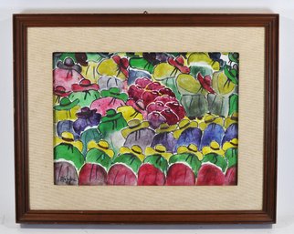 1979 Signed Mendez Colorful Crowd Scene Watercolor Painting, Folk Art