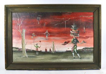 Large Mid-Century Surrealist Circus Fantasy With Acrobats & Hot Air Balloons Oil Painting
