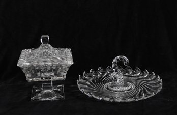 Lot Of 2 Vintage Compote & Swirl Glass Tray