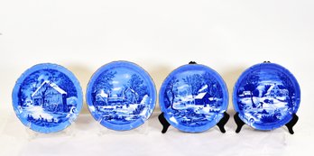 Set 4 Currier & Ives Blue Transferware Plates  Winter Scenes