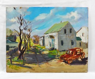 John Huszer (1912 - 1983) House With Red Car Oil Painting