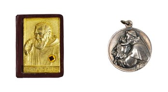 Vintage Saint Padre Pio Relic Plaque & St. Anthony Devotional Medal Pendant