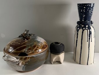 Studio Pottery Collection: Lidded Bowl, Vessel, And Vase