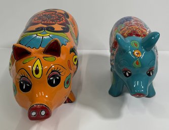 3 Large Hand-Painted Ceramic Pig Figurines