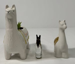 Llama Figurine Set: Ceramic Planter & Glass Sculpture