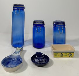Assorted Kitchenware: Jars, Spoon Rests, Baking Dish