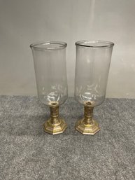 Pair Of Glass Hurricane Candle Holders With Gilt Bases