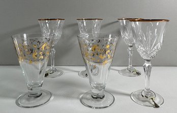 Set Of Six Assorted Stemmed Glasses With Gold Accents