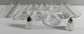 Pressed Glass Serving Set: Trays, Bowls, And Salt Shakers
