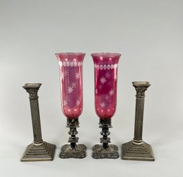 Cranberry Glass Hurricane Lamps & Corinthian Column Candlesticks