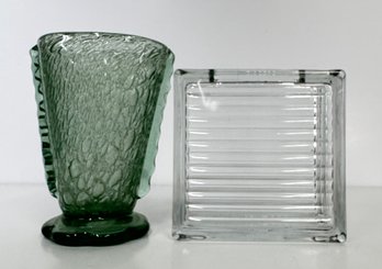 Green Glass Vase And Clear Glass Block