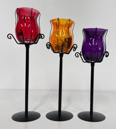 Set Of Three Colored Glass Candle Holders