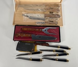 Set Of Camillus And Regent Knives With Accessories In Wooden Display Cases